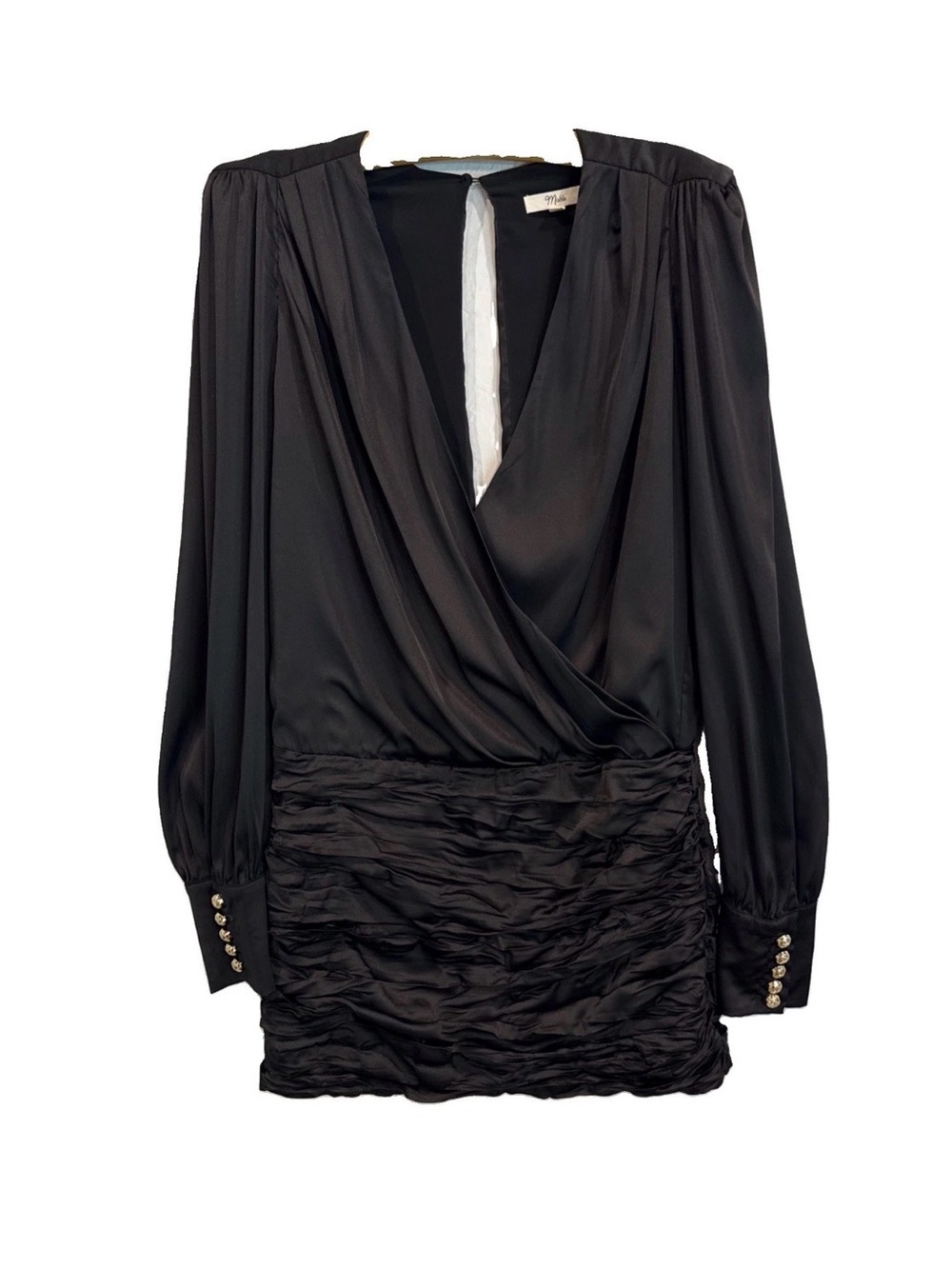 Mable Plunge Mini Dress Black Ruched Skirt Slit Back Sz L